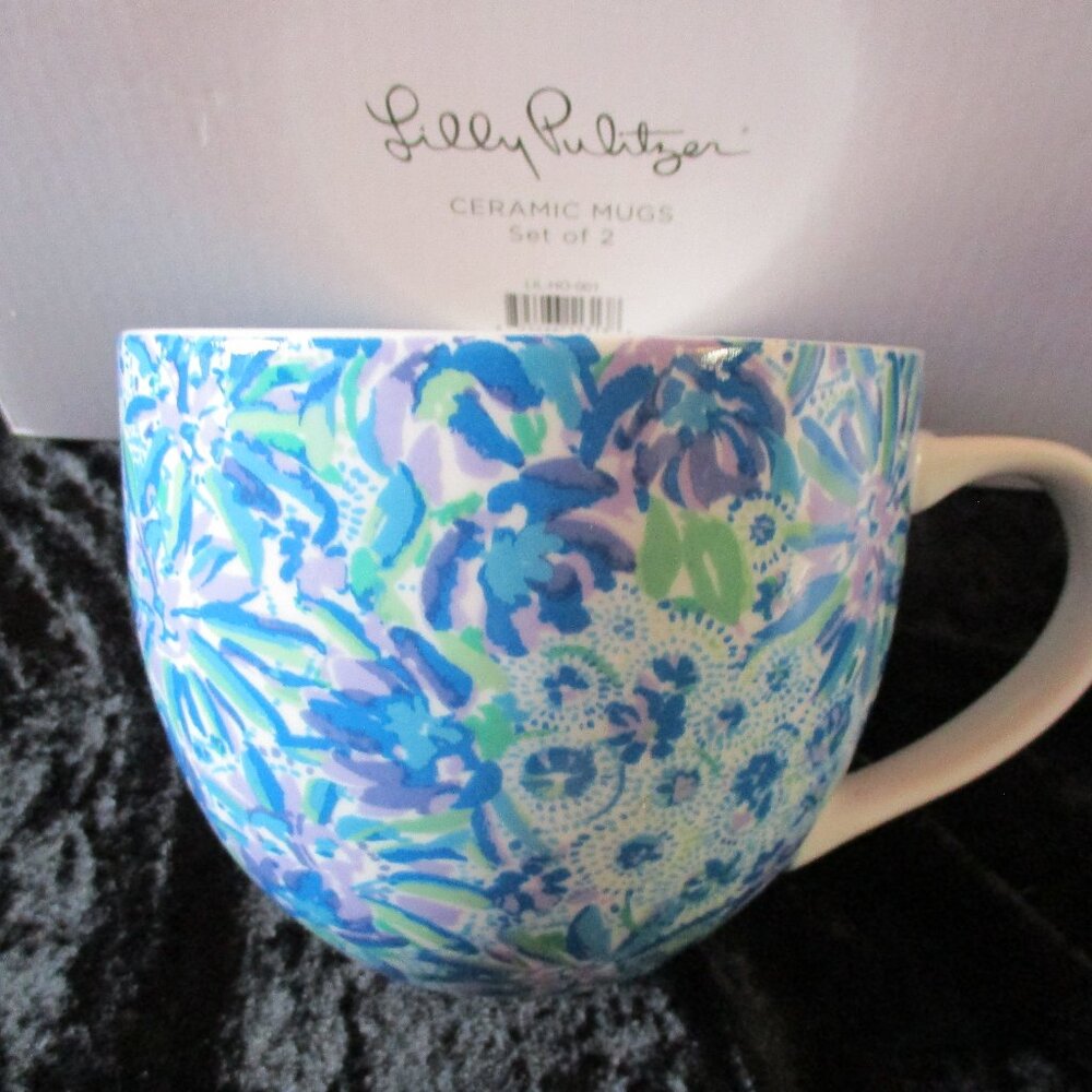 NIB Lilly Pulitzer Ceramic Coffee Mugs Tea 12oz Blue Floral Bronze Set of 2